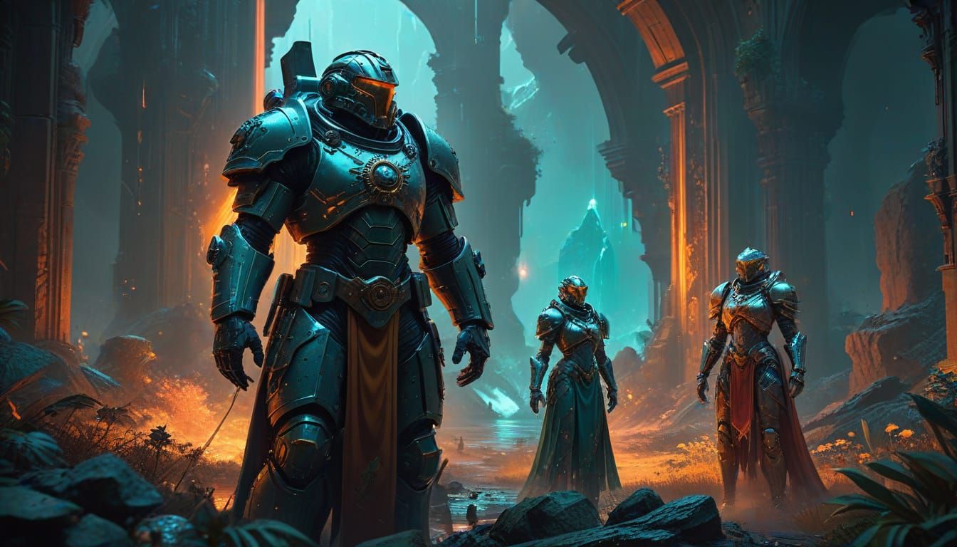 Epic Sci-Fi Space Marines in Vibrant Alien Landscape