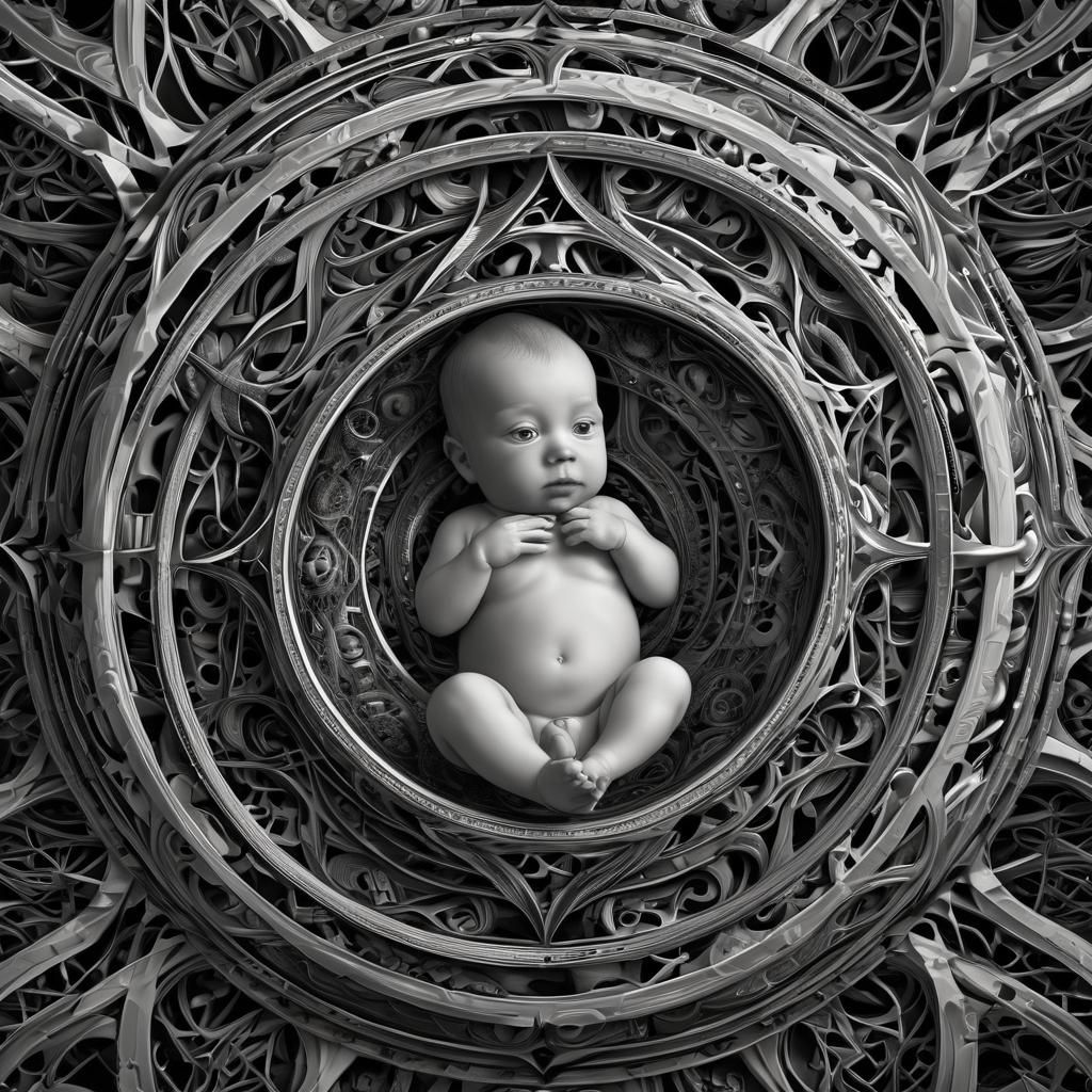 Monochrome Fractal Art: Baby in Womb-Like Sphere