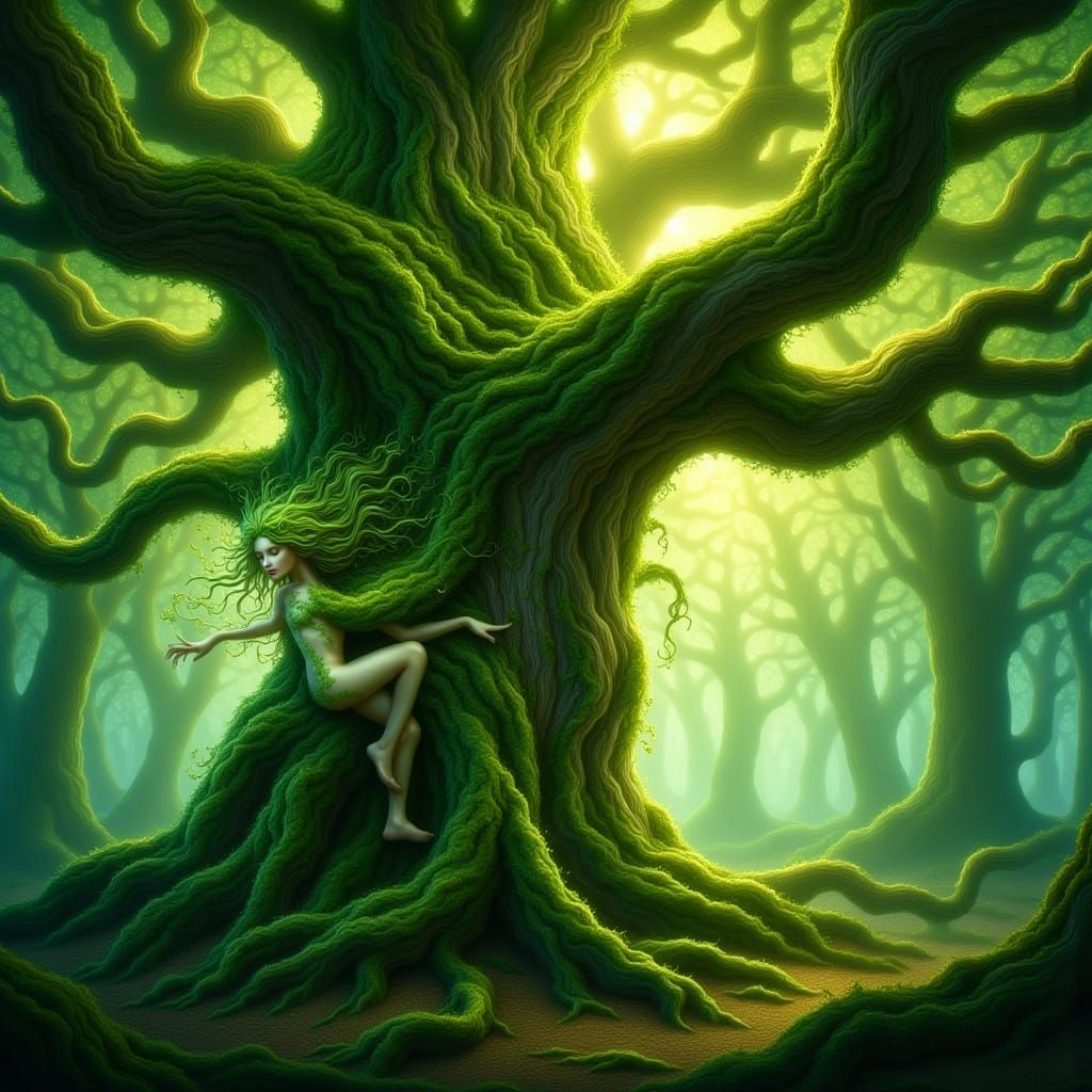 Mystical Dryad Emerges from Ancient Oak in Enchanted Forest