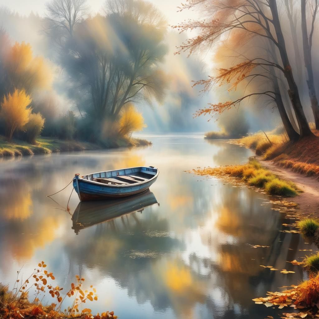 Foggy Autumn River Scene in Watercolor Style