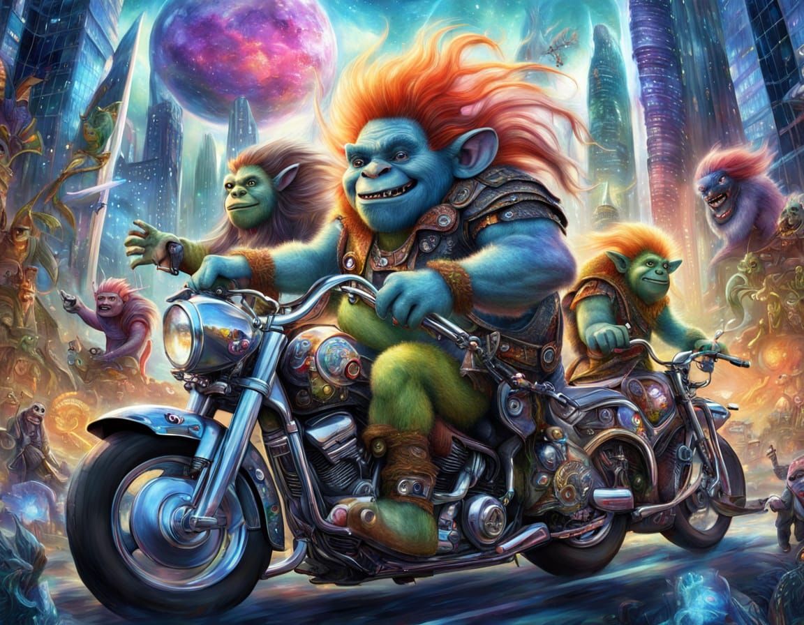 Mythical Trolls Ride Motorcycles in Cosmic Cityscape