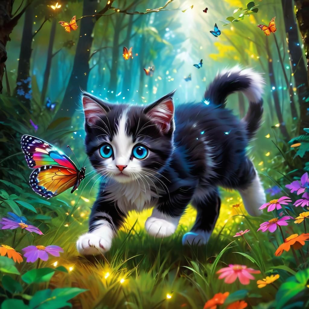Kitten Chasing Butterfly in Magical Forest