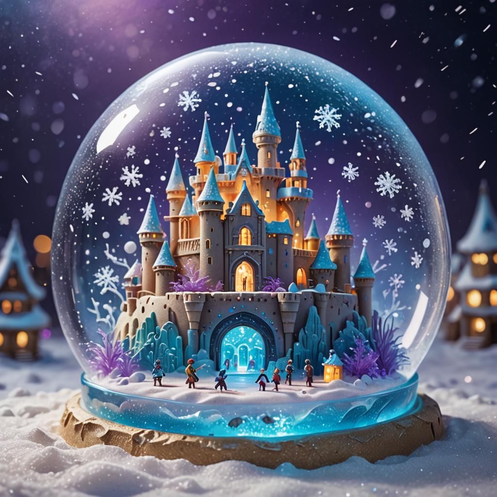A sandcastle built inside a snow globe.