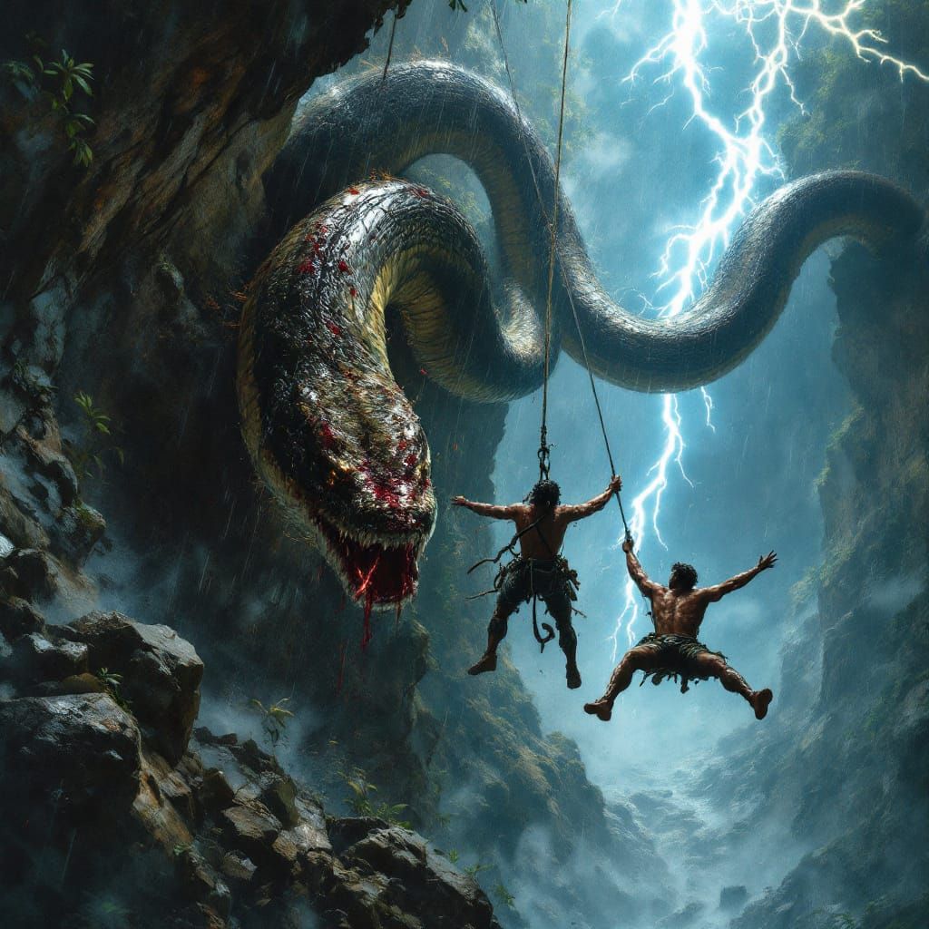 Man Swings Over Cliff Edge to Attack Python