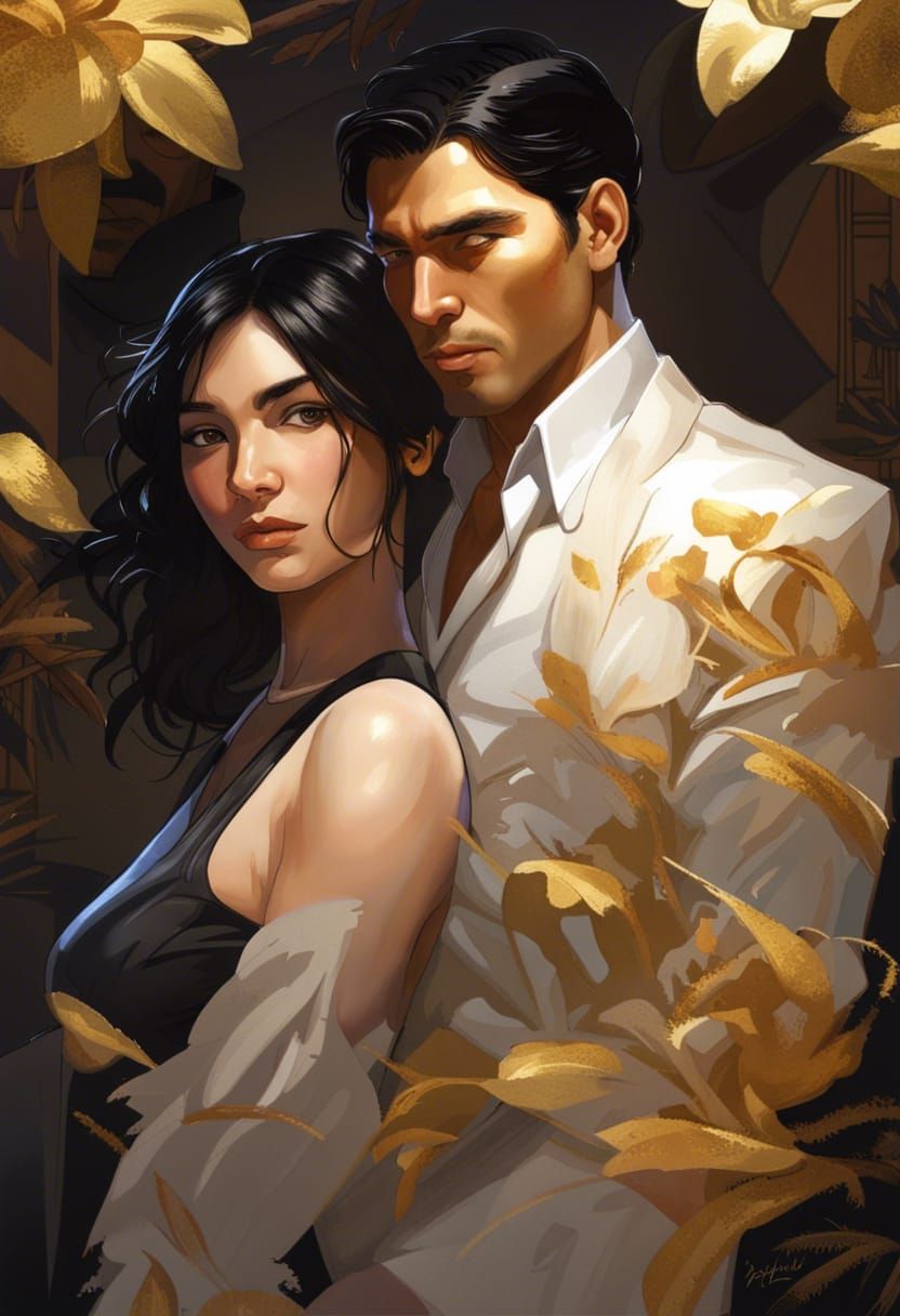 Romantic Portrait of Woman and Man with Golden Flowers