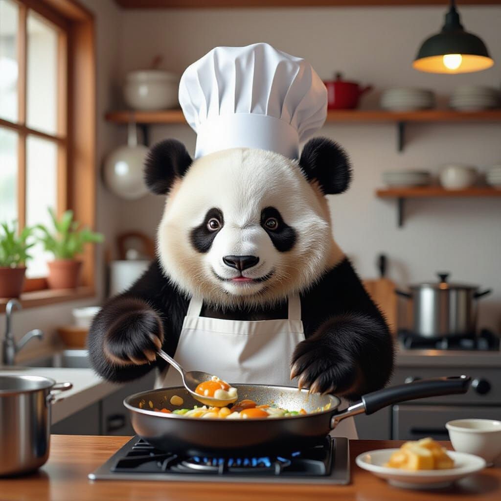 Panda Chef Cooking in Cozy Kitchen