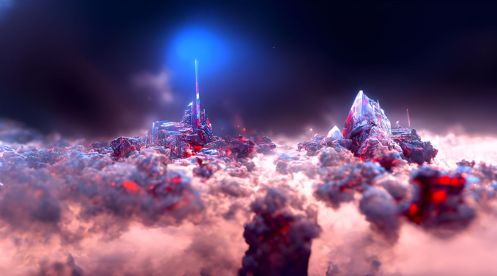 Dystopian Crystal City Under Stormy Skies