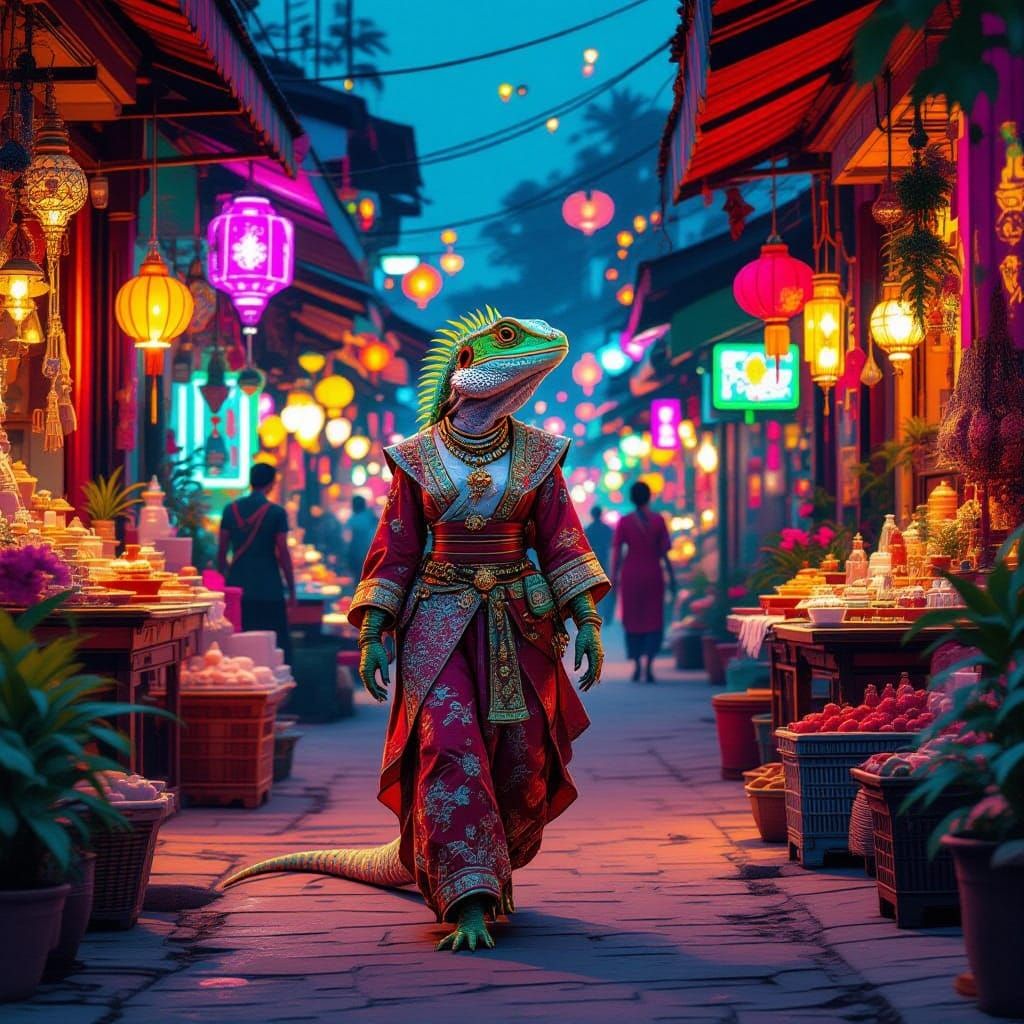 Lizard in Elegant Attire Enters Neon Cambodian Market