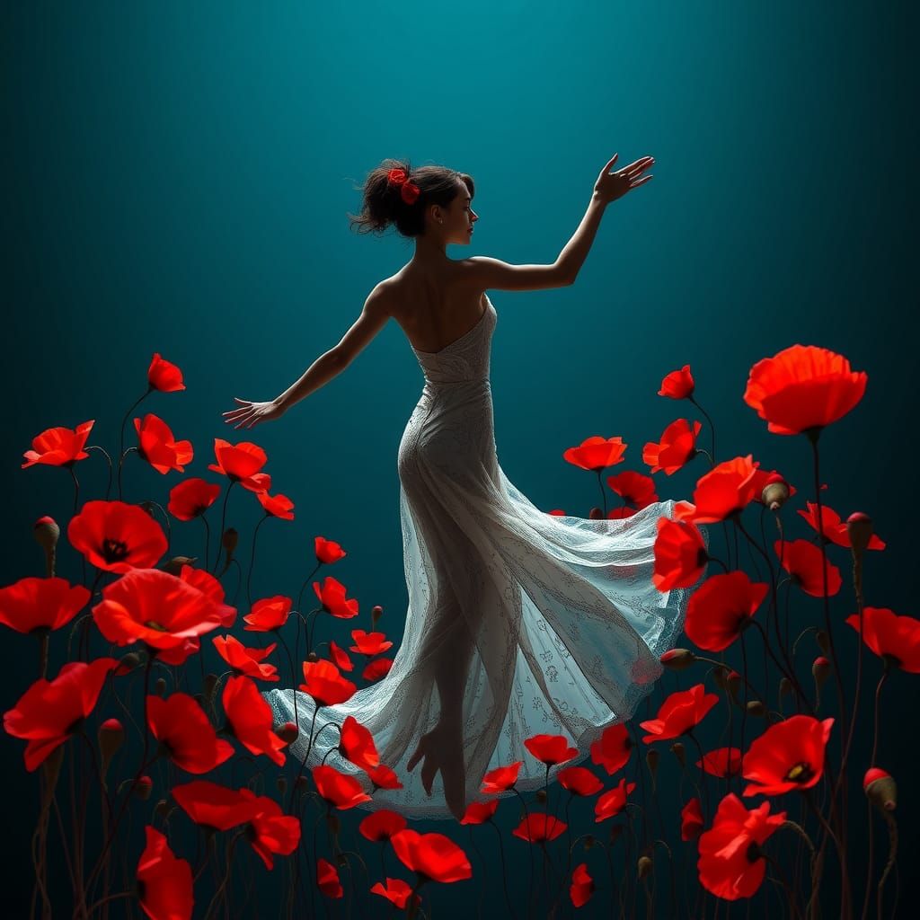Ethereal Dancer in Poppy Silhouette, Botanical Art