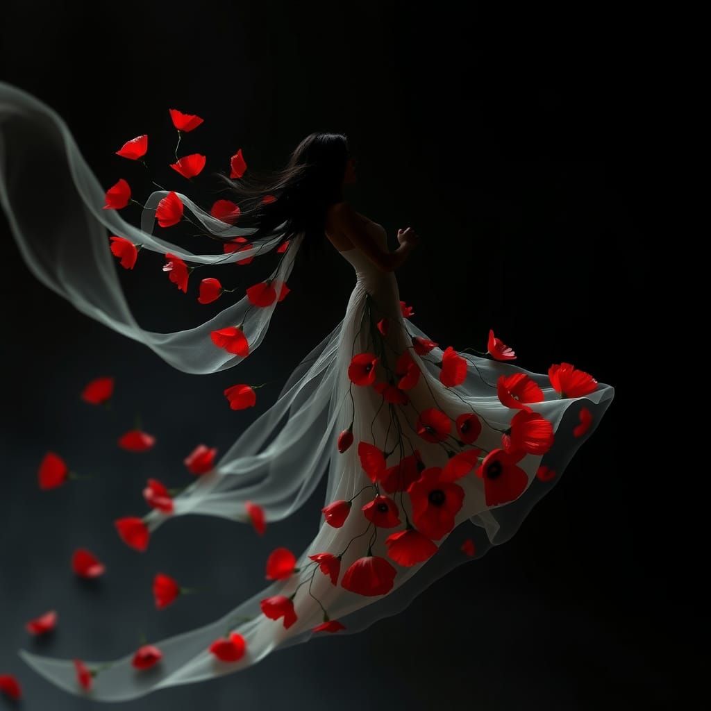 Ethereal Poppy Dancer in Dreamlike Landscape
