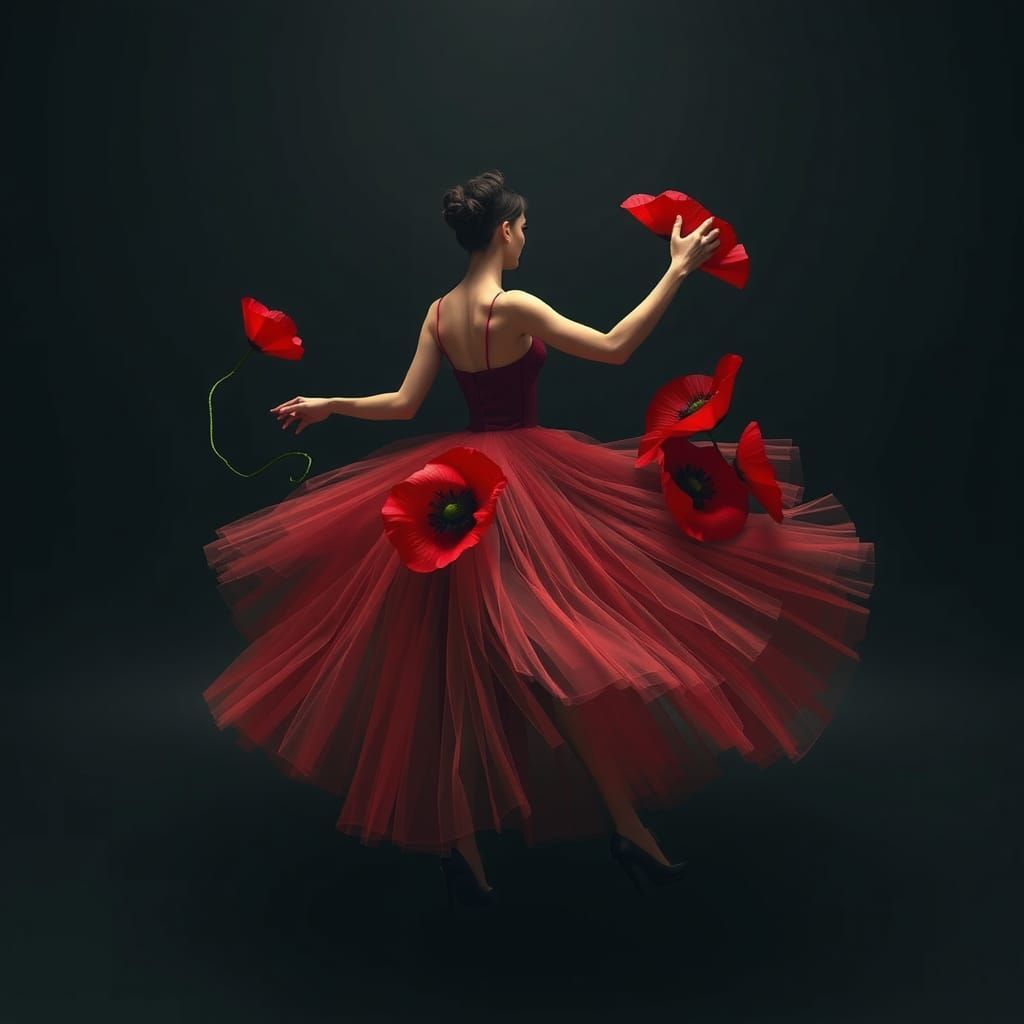 Poppy Woman's Ethereal Dance in Surrealist Style