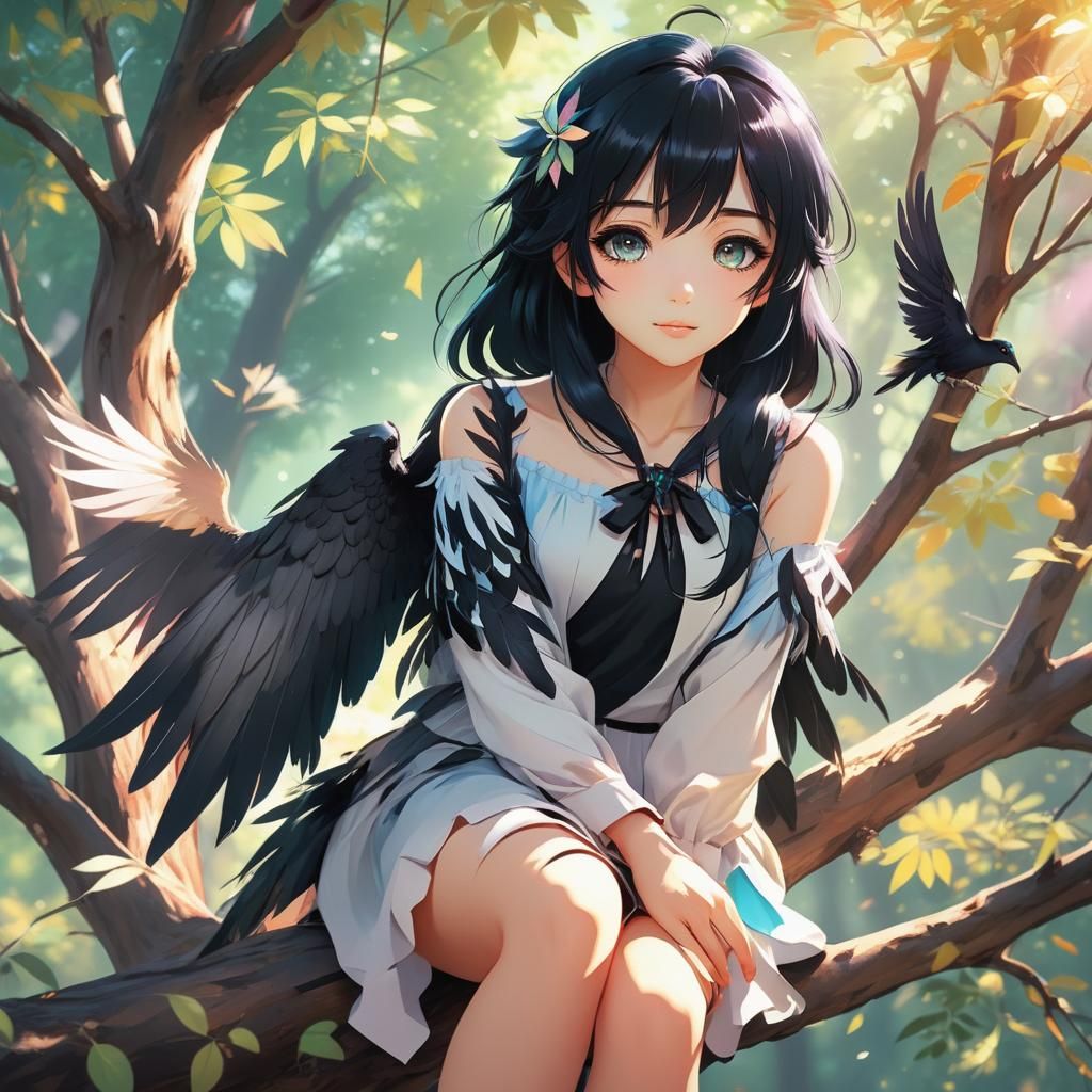 Anime Girl with Black Wings in Moe Style