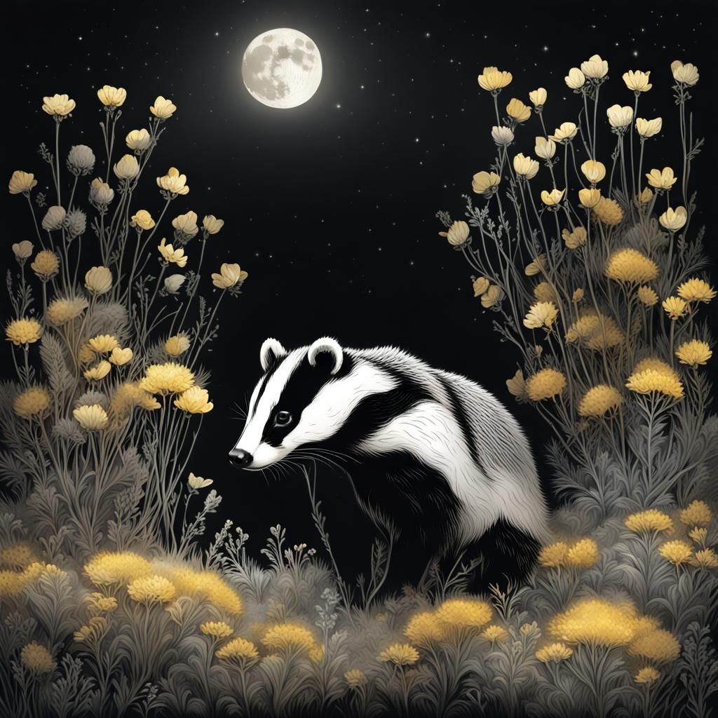 Badger in Moonlit Meadow: Graffiti Splash Art