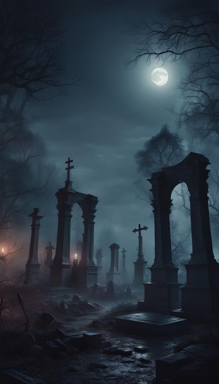 Eerie Cemetery Horror Scene at Night