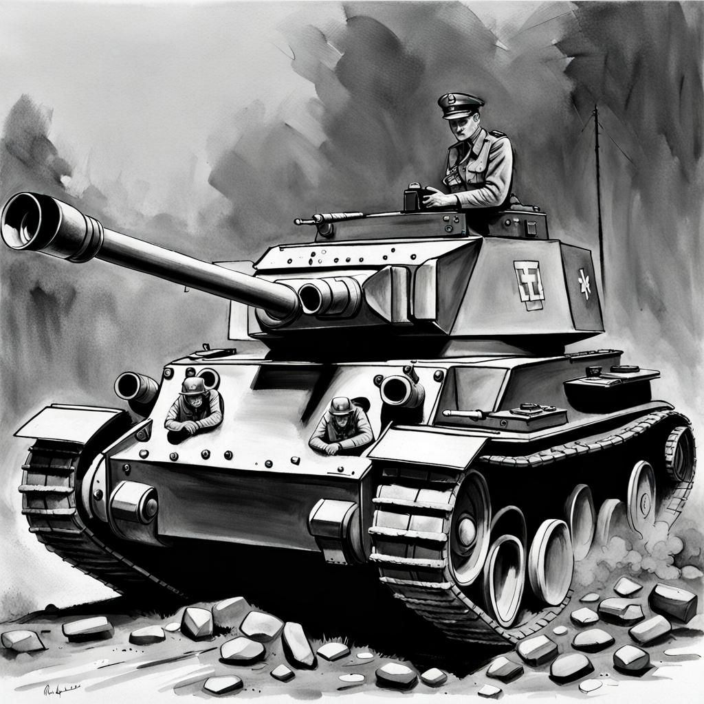 Charcoal Drawing of Panzer III Tank with Commander