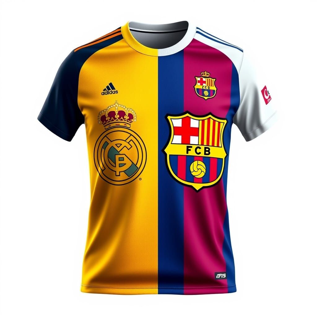 Madrid and Barcelona Jerseys Merged in Vibrant Híbrido Style