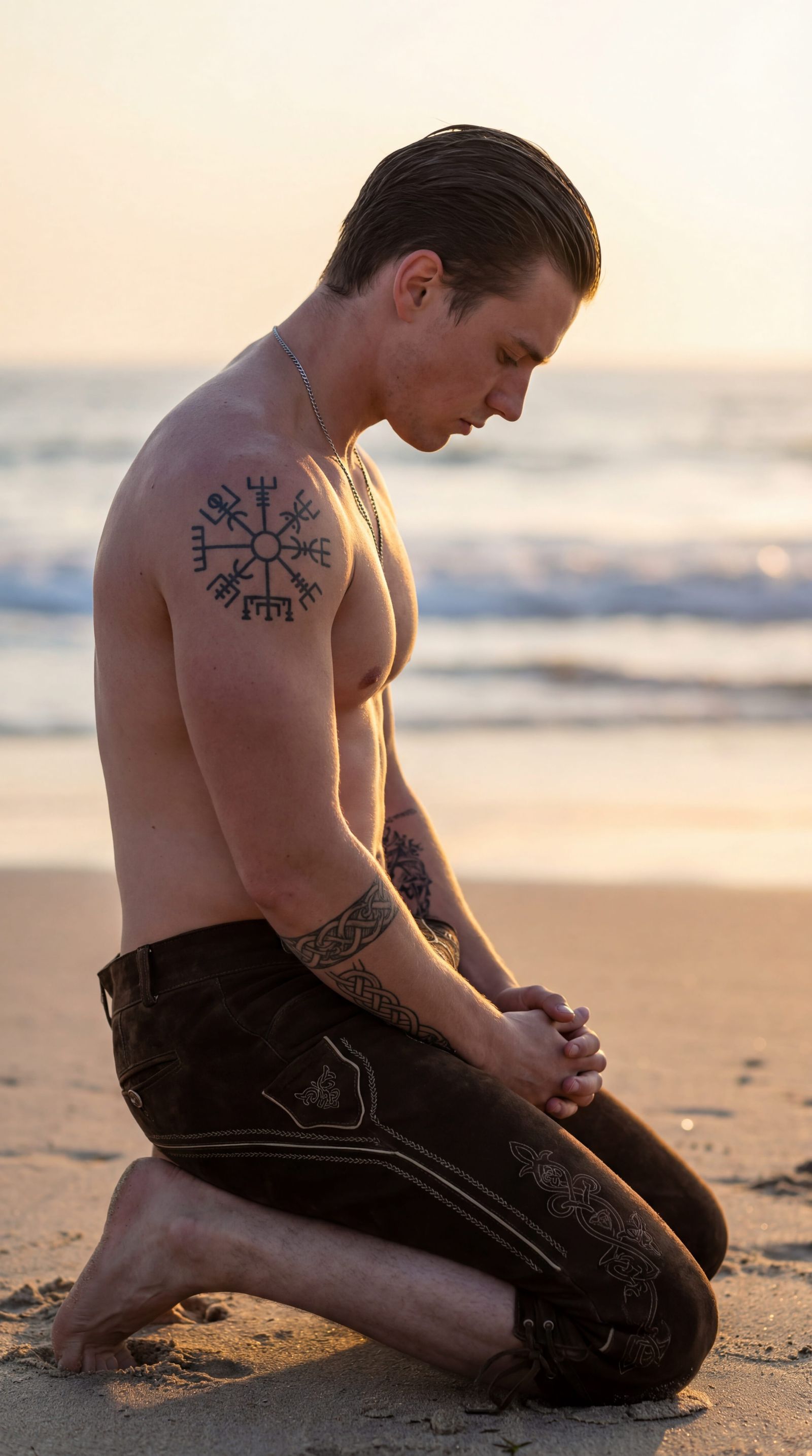 Athletic Nordic Man Meditating on Beach at Sunset