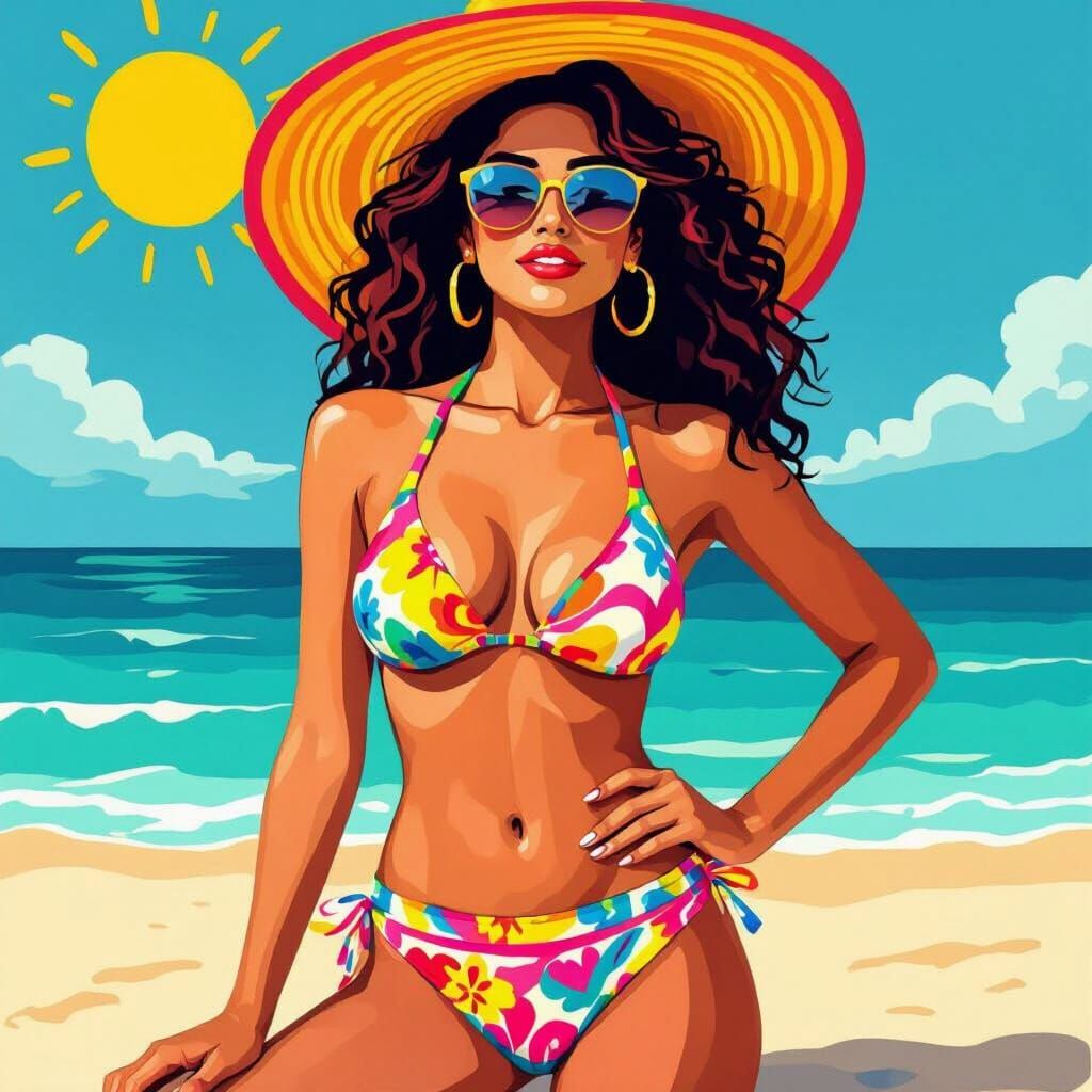 Latina Woman on Sunny Beach in Eclectic Style