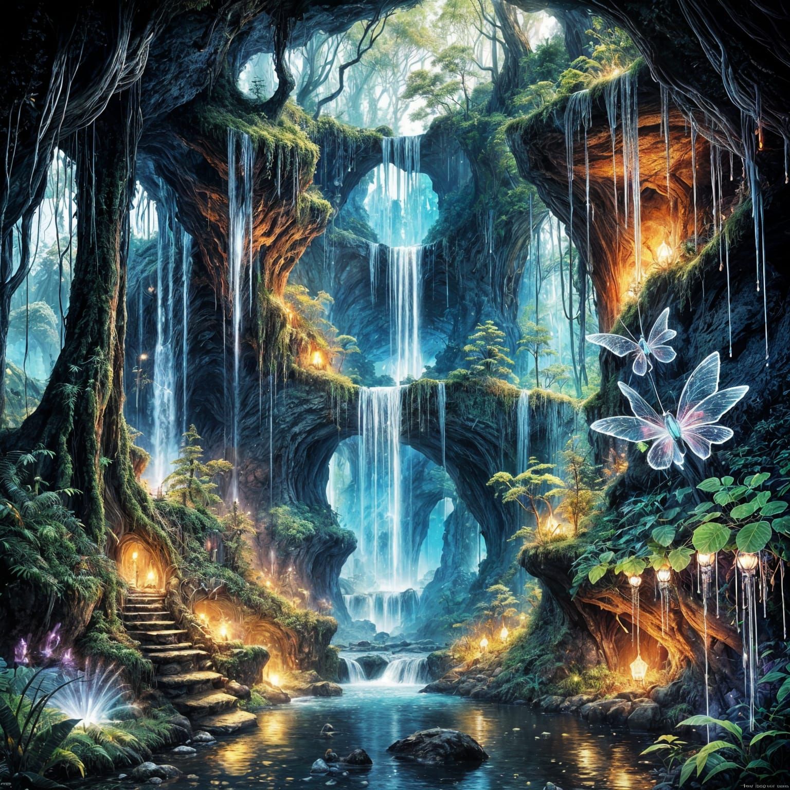Lush Jungle Waterfall Garden in Digital Painting Style