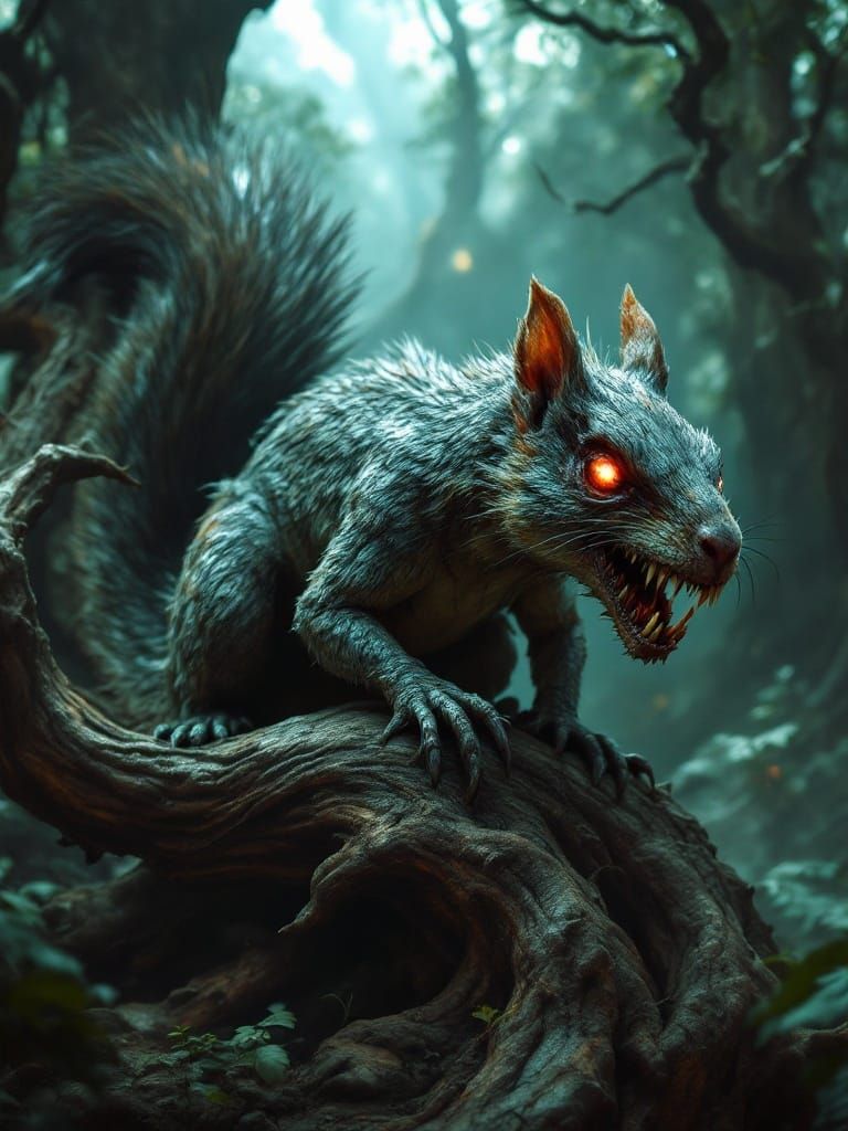 Menacing Dinosaur-Squirrel Hybrid in Photorealistic Style