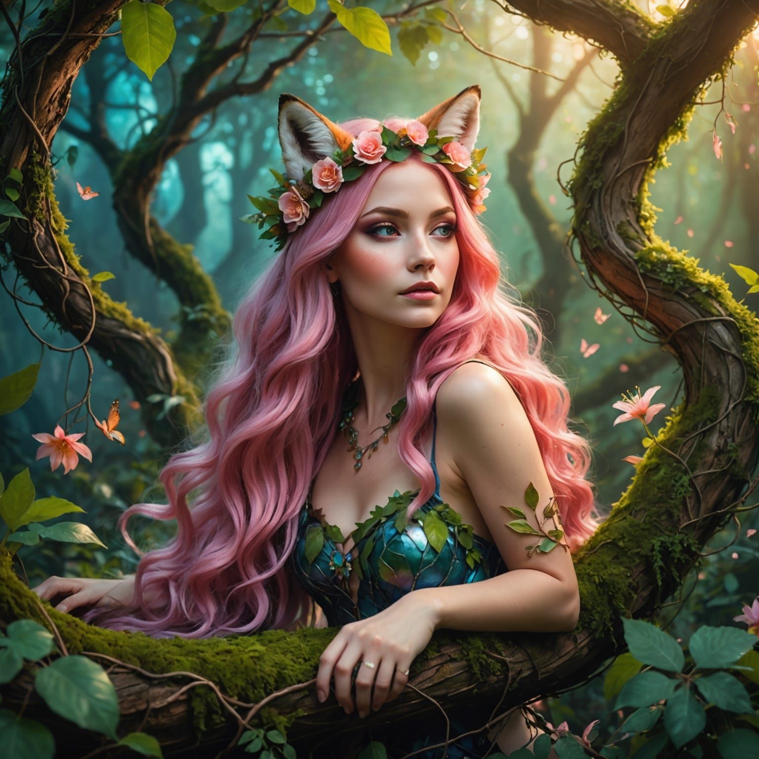 Fox-Woman in Ethereal Forest, Anime Style