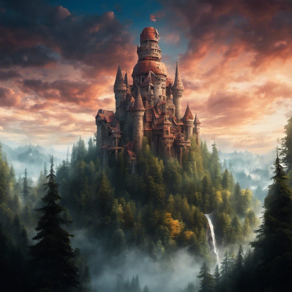 Floating Castle with Magic Tower in Redwood Forest