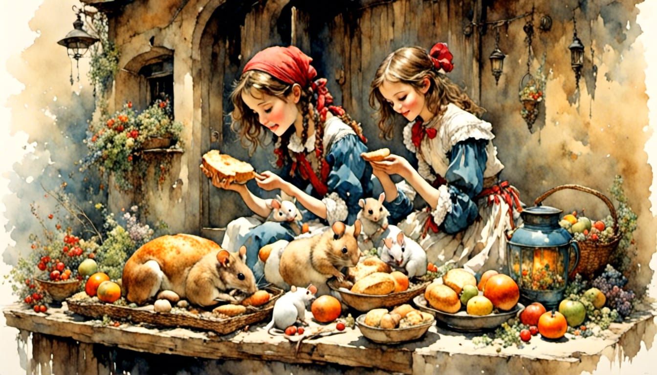 Girl Shares Bread with Mouse in Watercolor Style