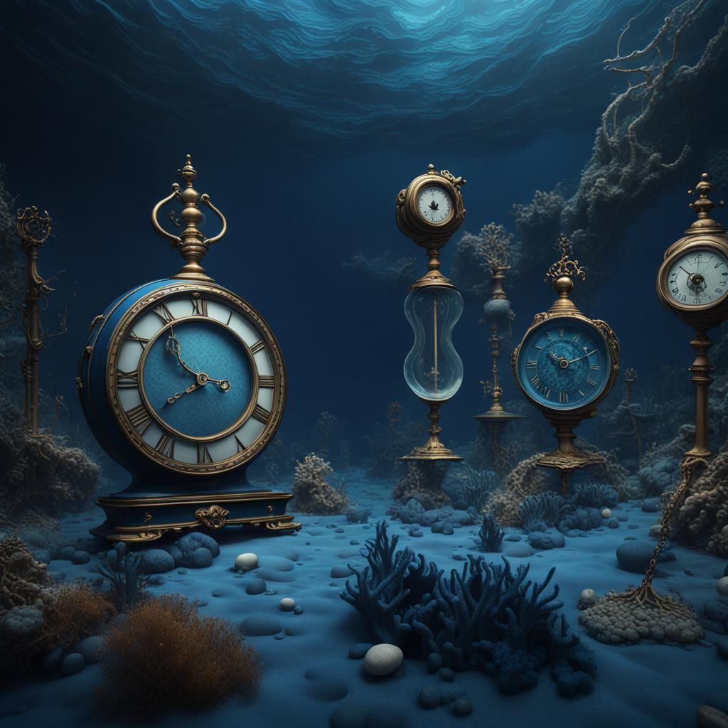 Surreal Crooked Clocks in Dark Blue Seabed