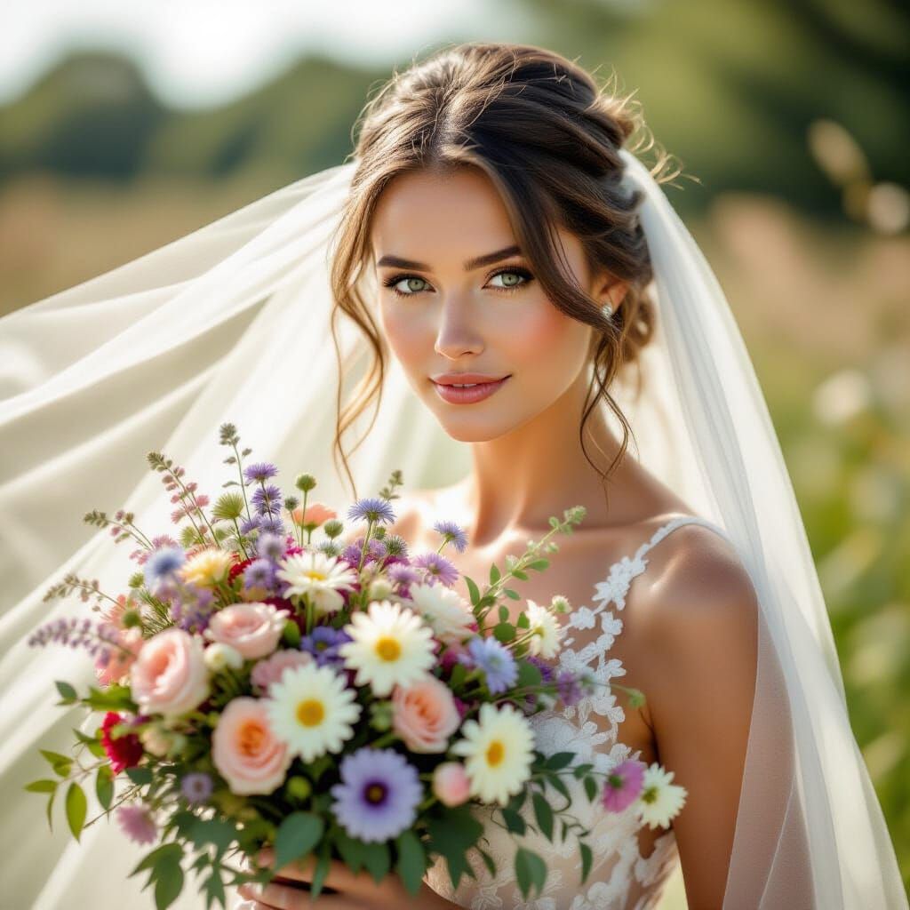 Bride With Wildflower Bouquet In Ethereal Light