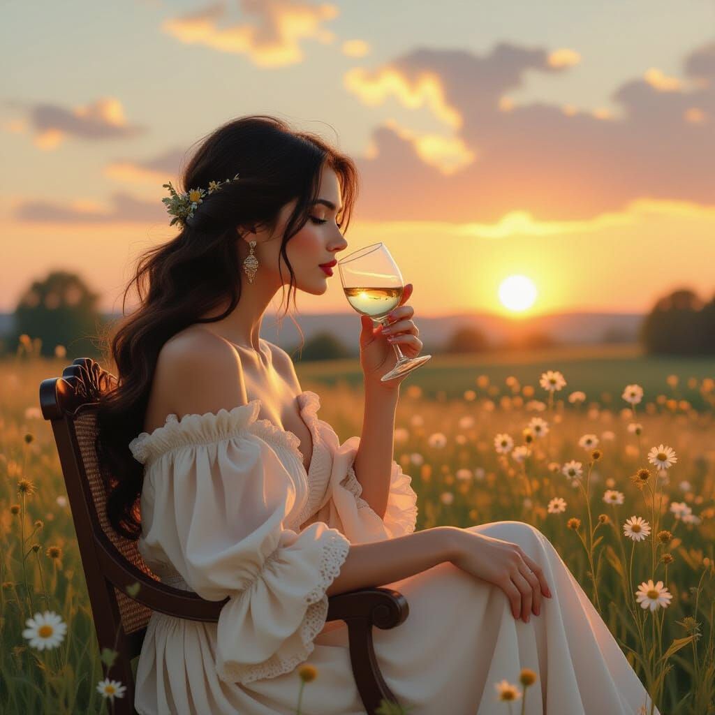 Elegant Woman Watching Sunrise in Trompe-l'oeil Style