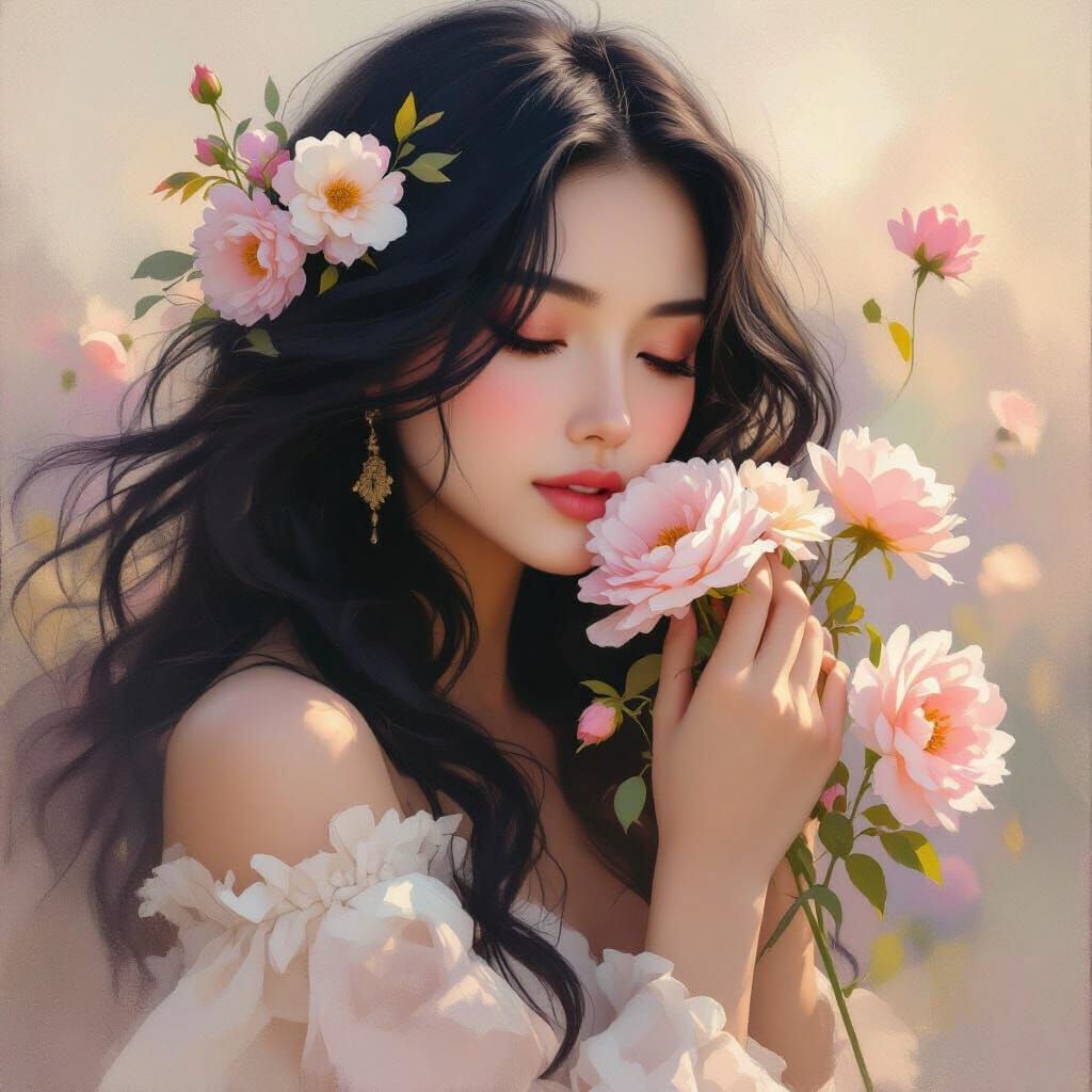 Ethereal Impressionist Painting of Woman with Flowers