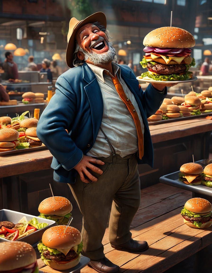 Charming Beggar Surrounded by Juicy Hamburgers in Paradise