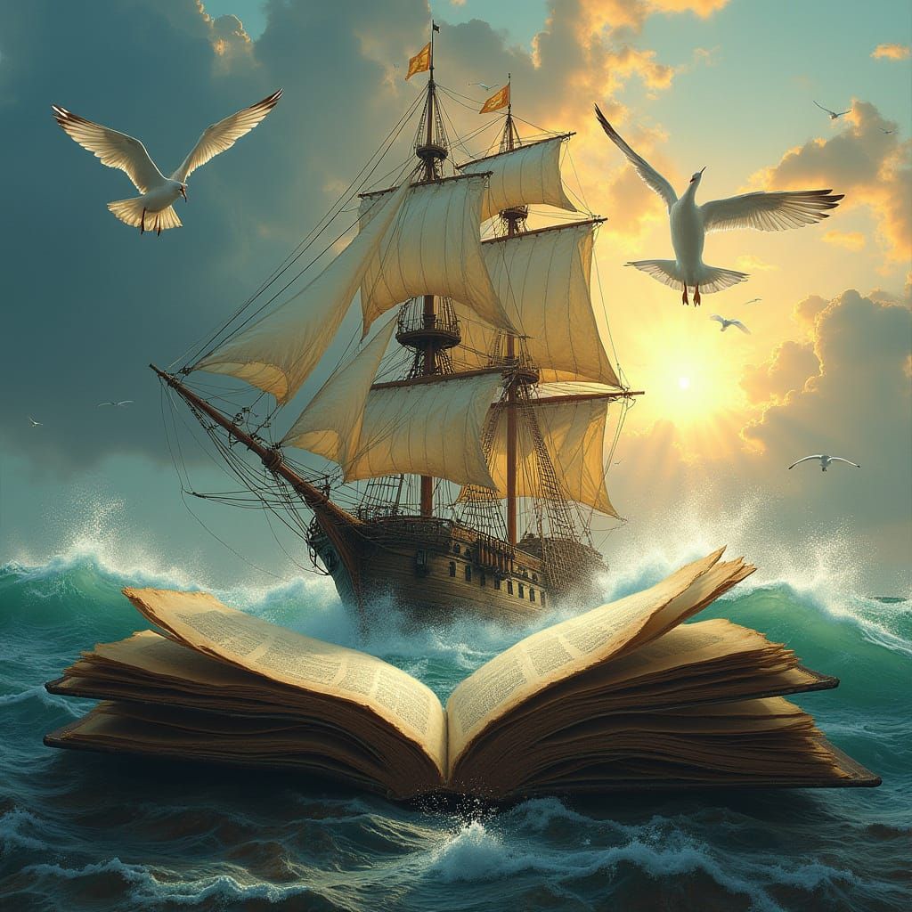 Pirate Ship Emerges from Vintage Book in a Stormy Seascape