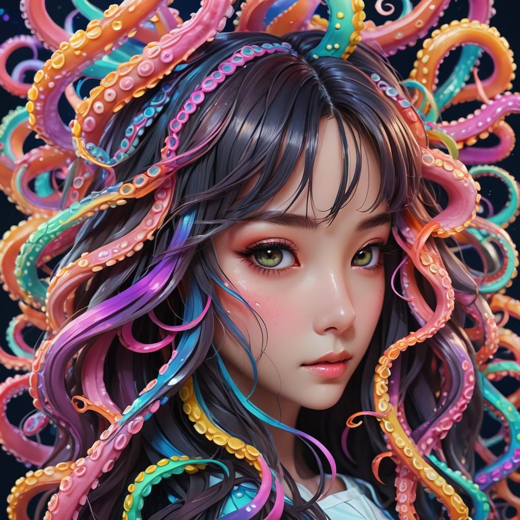 Anime Woman with Octopus Tentacles in 3D