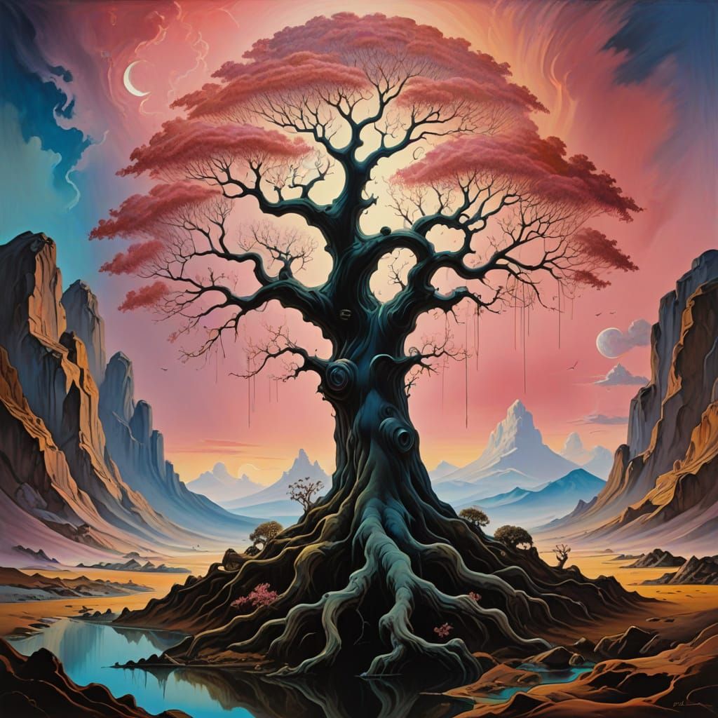 Vibrant Oil Painting of Divine Tree with Glowing Roots in Fa...