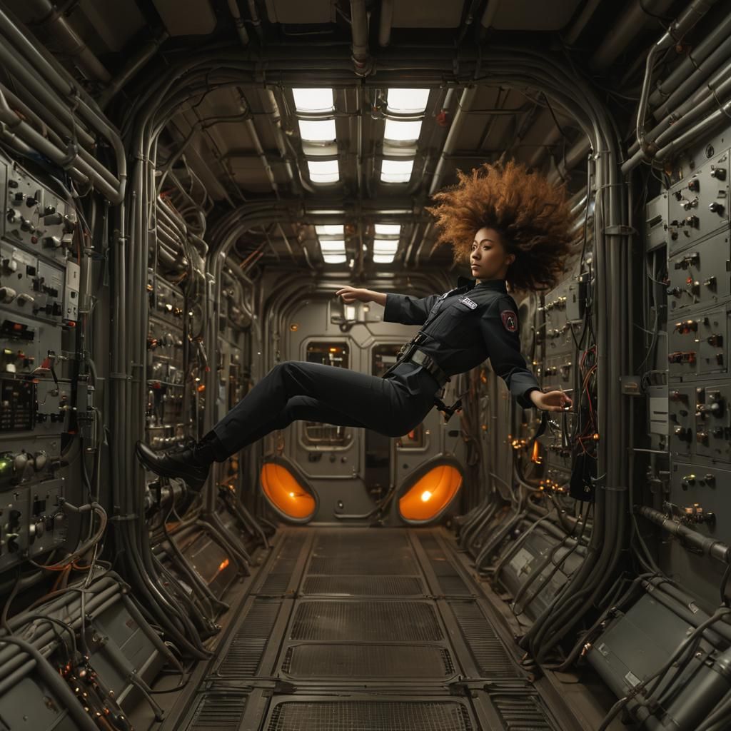 Woman Floats in Futuristic Space Station Corridor