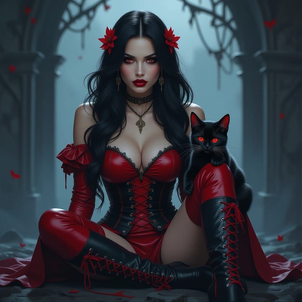 Dark fantasy woman, long lush rebellious raven locks of hair...