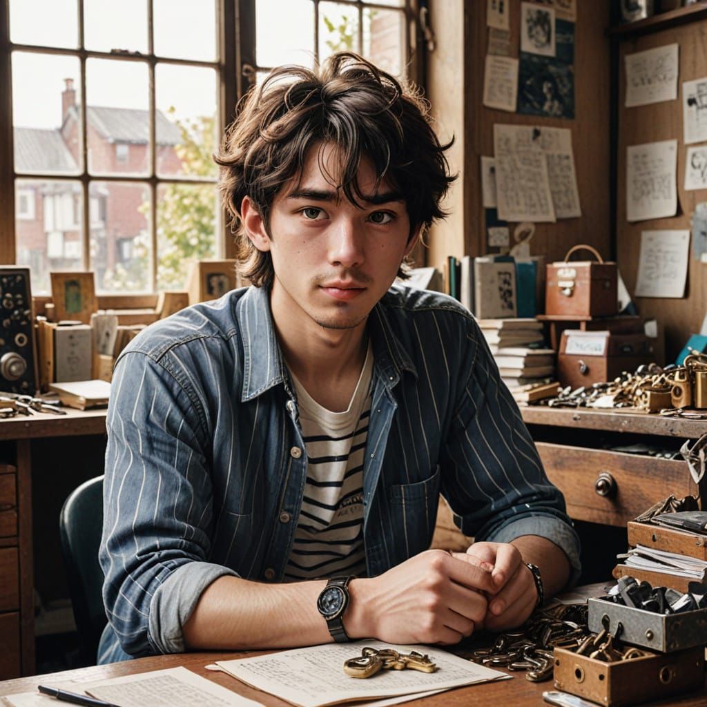 Eccentric Young Man Amidst Treasure Trove of Padlocks in Vib...