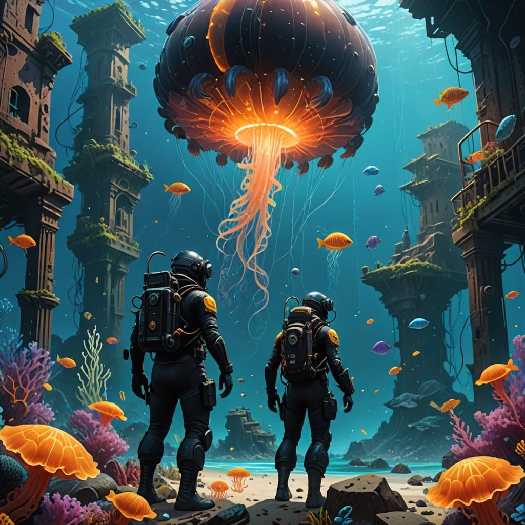 Underwater Ruins in Vibrant, Alien-Like Ocean