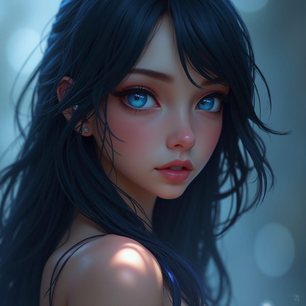 Pretty Woman with Blue Eyes and Dark Blue Hair