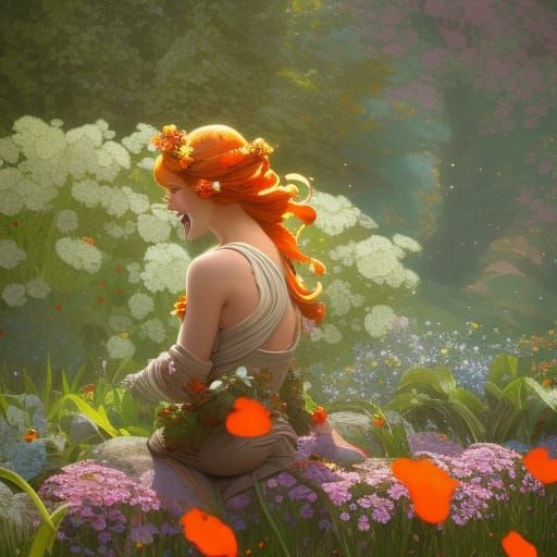 Laughing Emoji in Flower Bed, Hyperdetailed Art