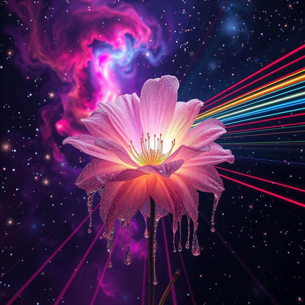 Ethereal Flower Radiating Glitter in Starry Laser Vortex