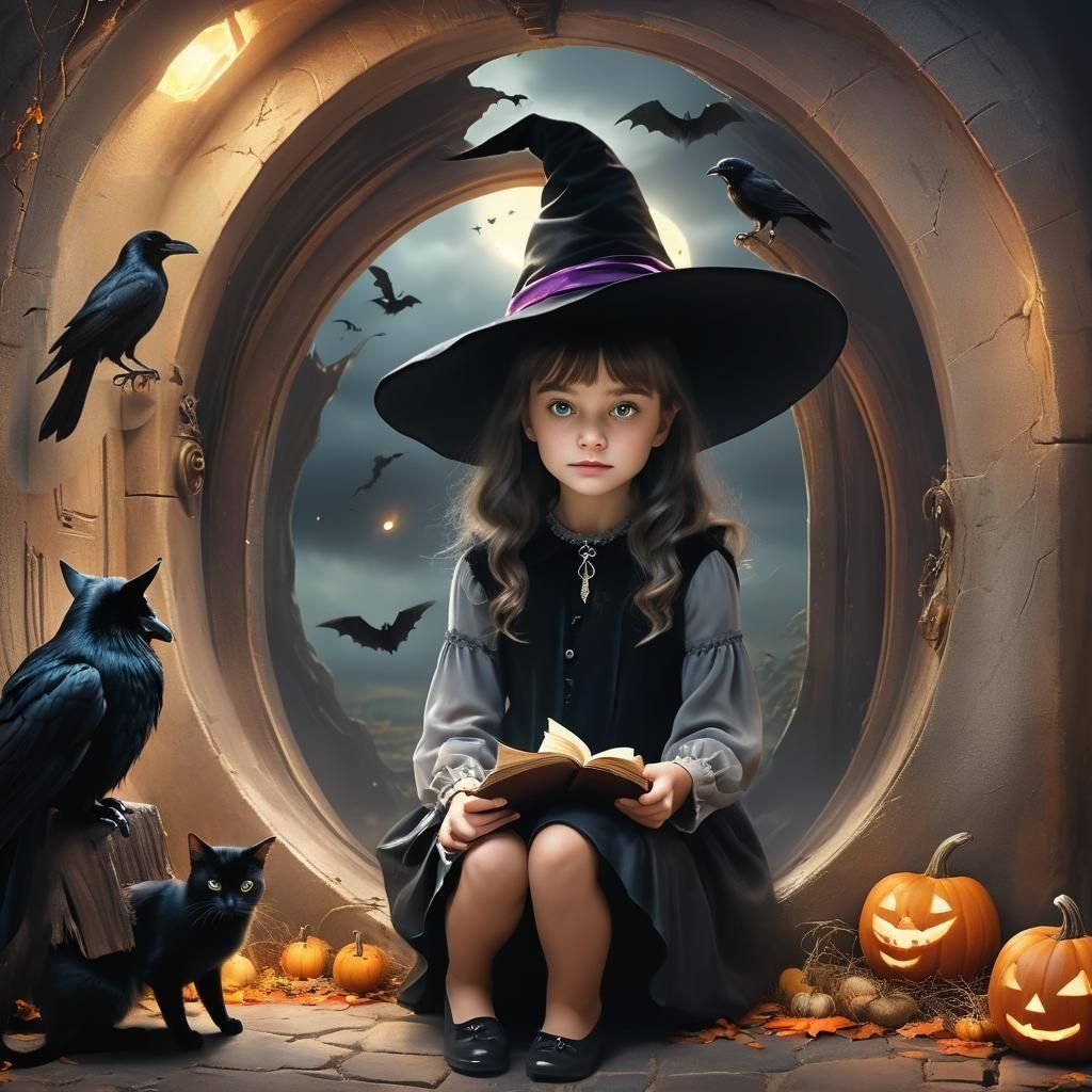 Halloween Witch with Raven and Cat, Surreal Art