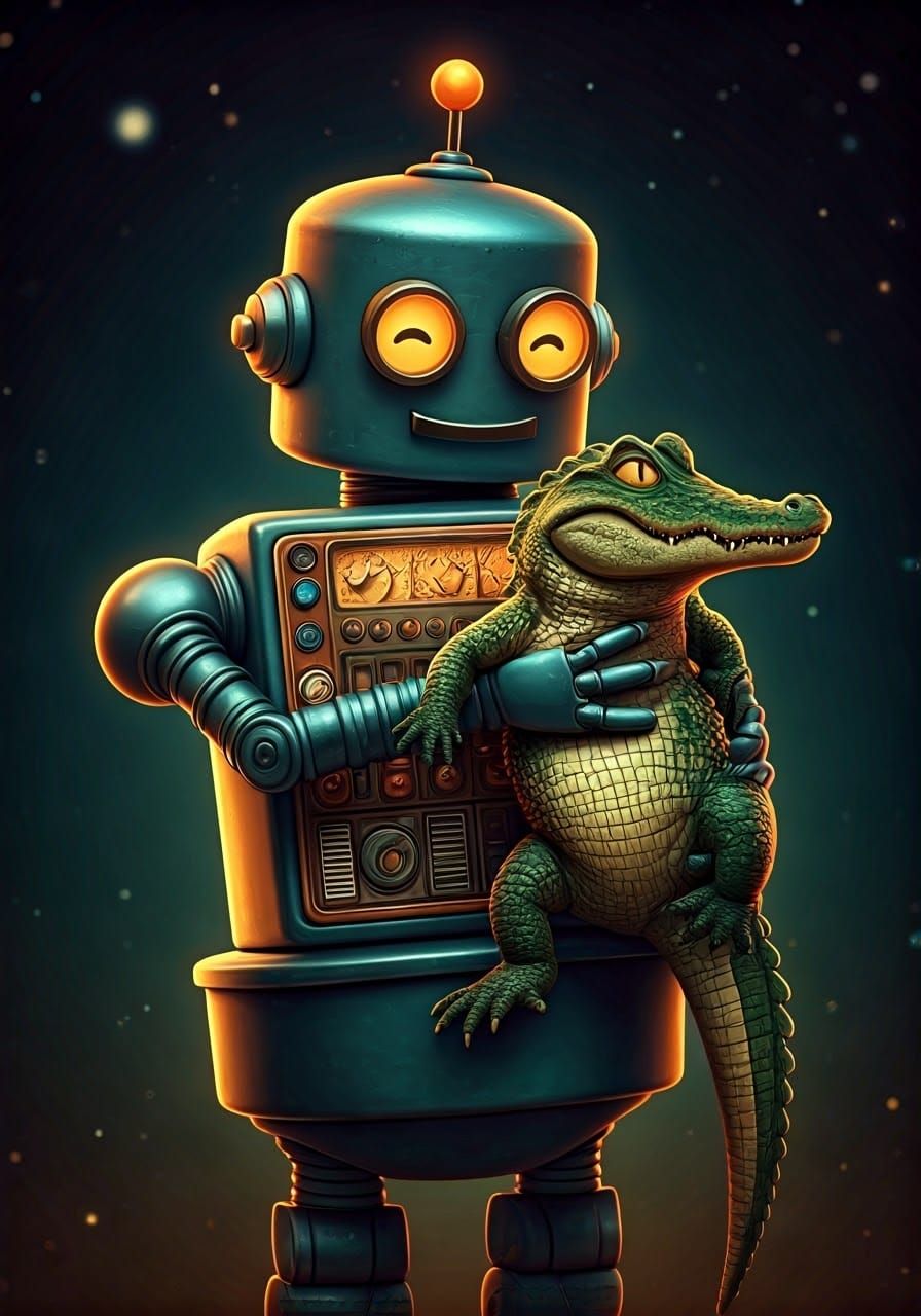 Retro-Futuristic Robot Tenderly Hugs an Angry Alligator in a...