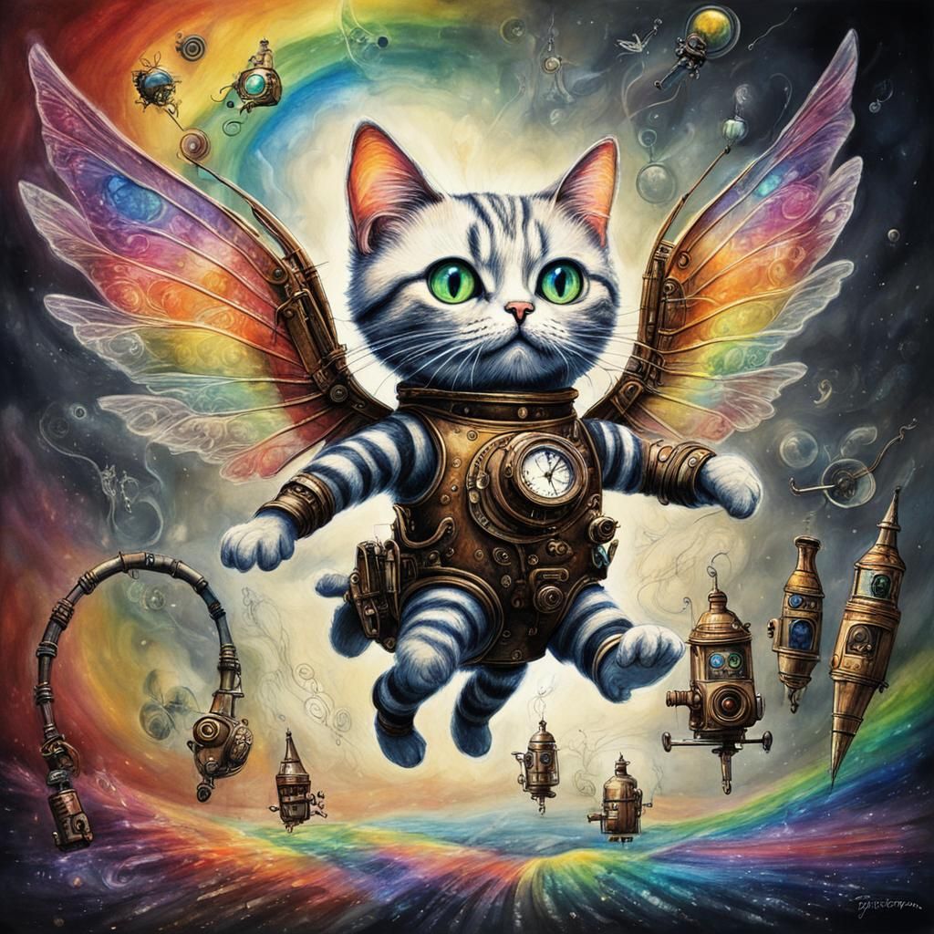 Steampunk Cats Flying: Surreal Crayon Drawing with Rainbow C...