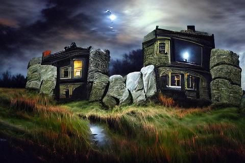 Haunted Stone House on the Moors at Night
