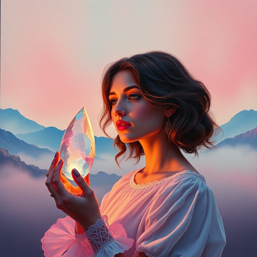Woman with Crystal: Art Nouveau and Watercolor Fusion