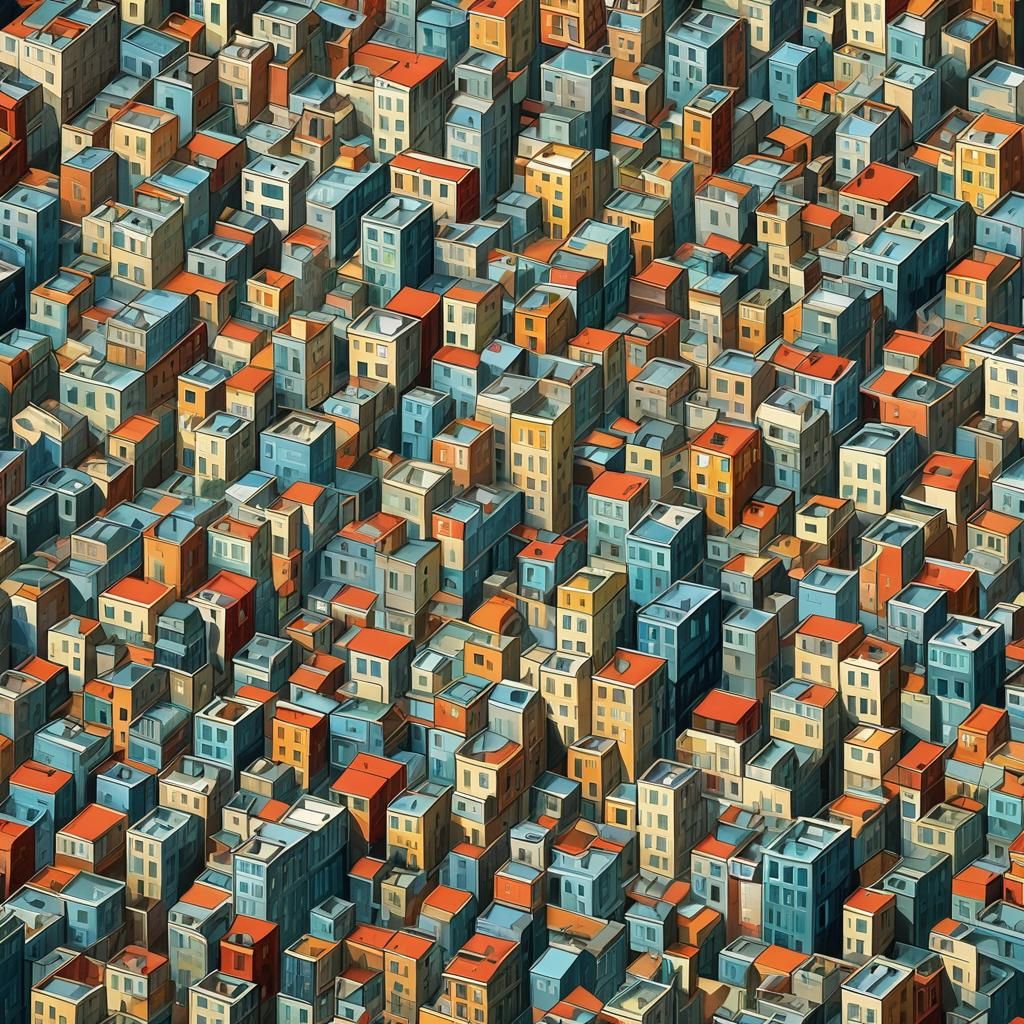 Cubist Cityscape with Geometric Forms and Dynamic Energy