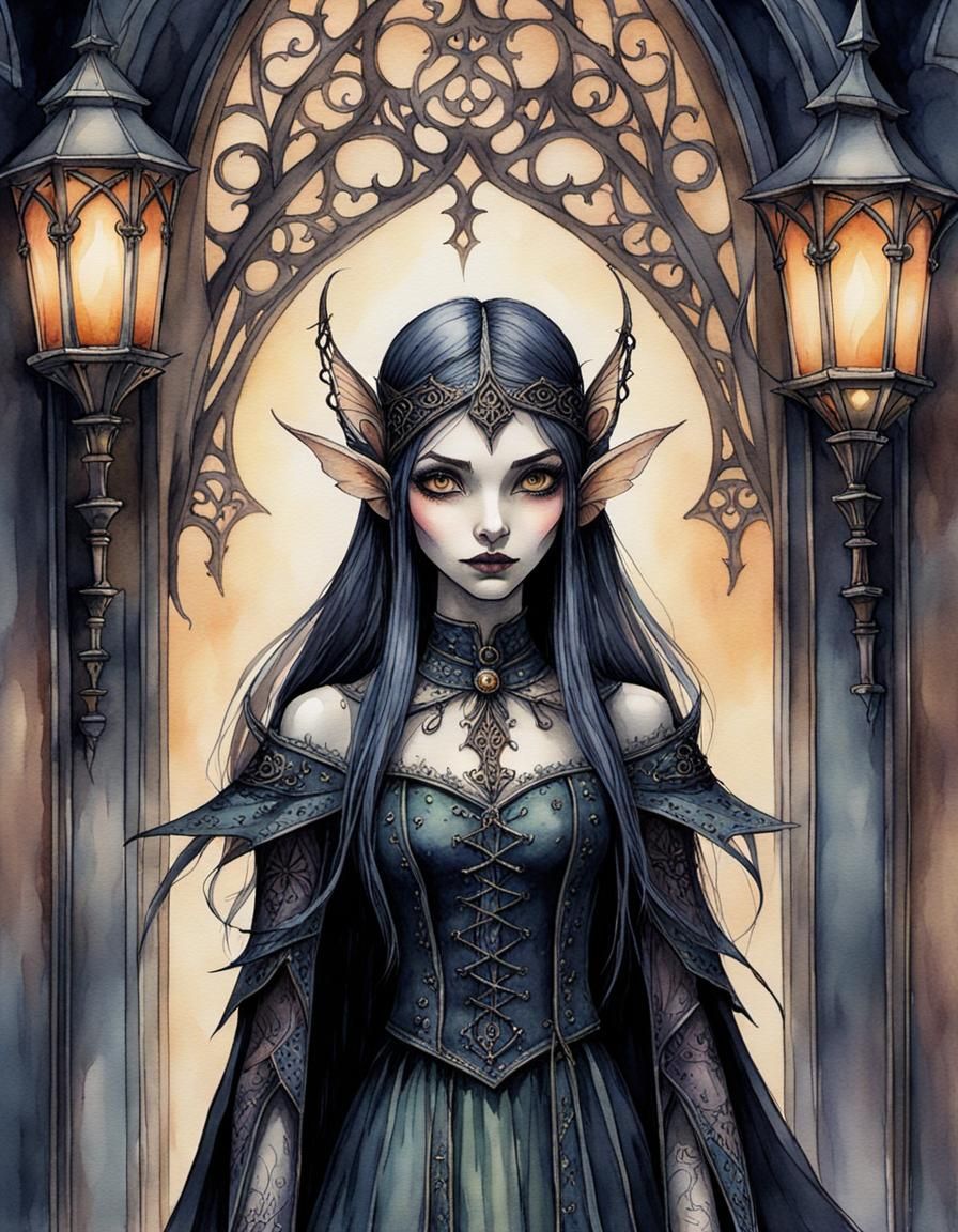 Gothic Fairy in Hallway, Watercolor Planescape Art