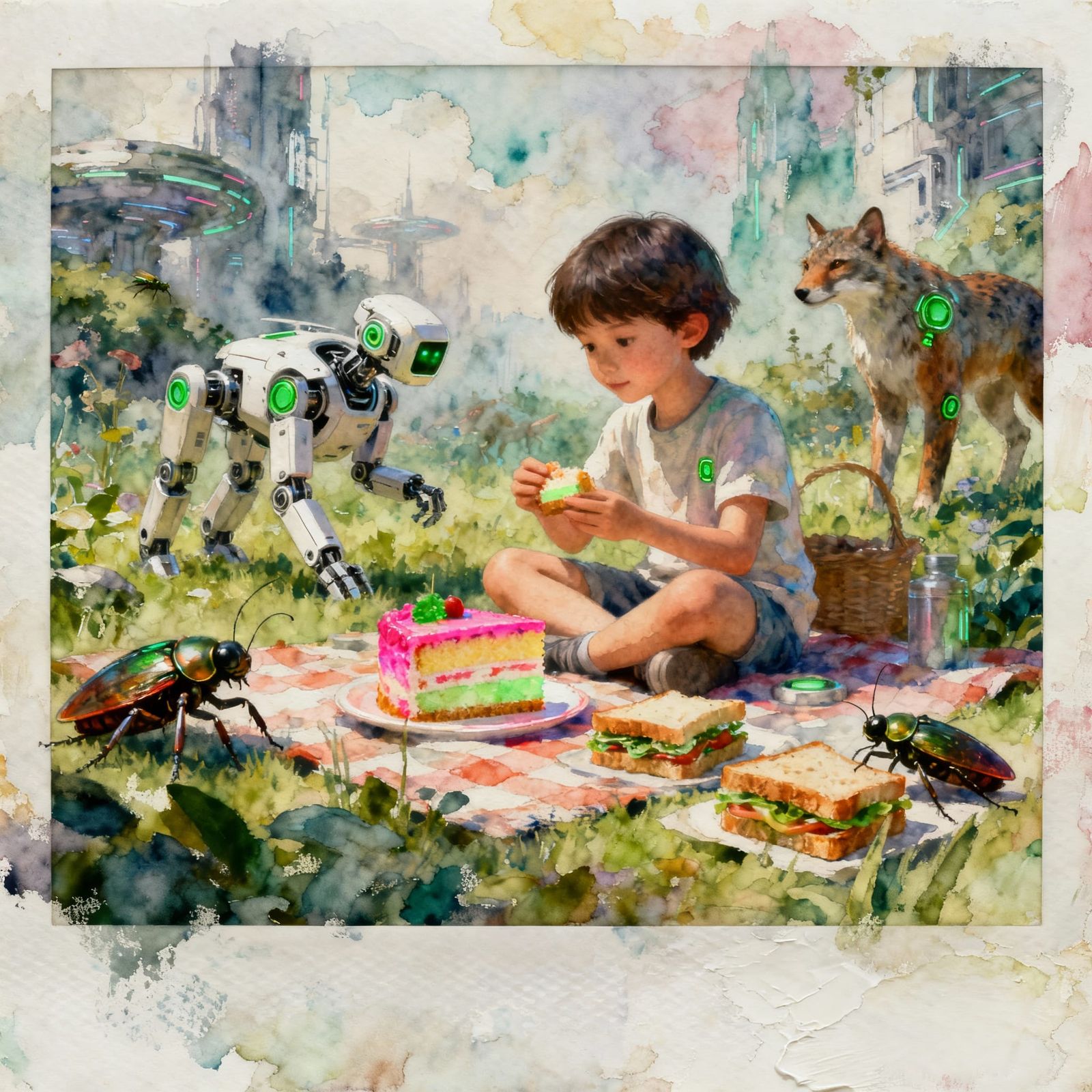Child's Futuristic Picnic With Robotic Wildlife